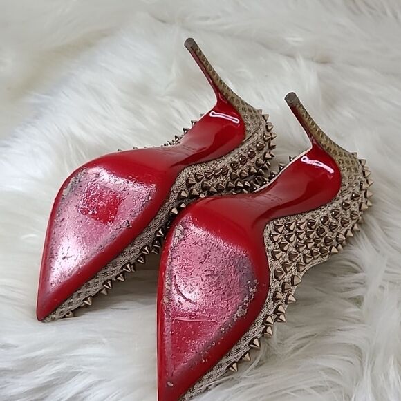 Christian Louboutin Spiked Heels in Silver and Cream - Picture 8 of 16